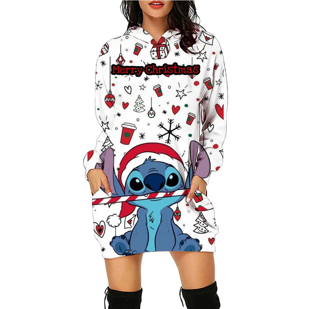 Christmas Disney Brand Stitch Cartoon Long Hoodie Autumn New Mini Sexy Long Sleeved Dress Korean Fashion Elegant Ladies Party