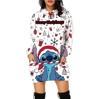 Christmas Disney Brand Stitch Cartoon Long Hoodie Autumn New Mini Sexy Long Sleeved Dress Korean Fashion Elegant Ladies Party