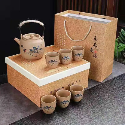 Retro Japanese coarse pottery beam pot business gift ceramic kung fu tea set large teacup