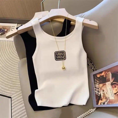 Women Summer Simplicity Slim Appear Thin Letter Embroidered Solid Color Camisole Ladies Fashion Office Lady All-match Trend Tops