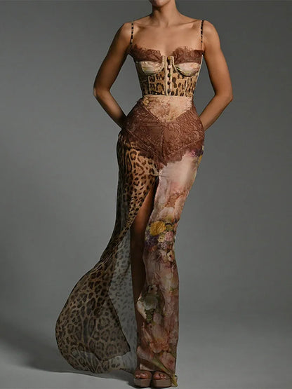Leopard Printed Patchwork Lace Dress Women's Irregular See Though Button Sling Vestidos Sexy Summer Beach Party Gowns New