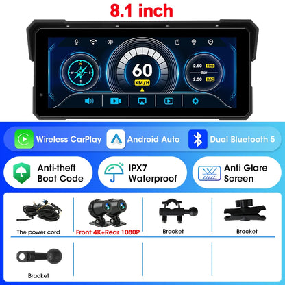 5/8.1 inch Motorcycle Carplay GPS Navigation Wireless Carplay Android Auto IPX7 Waterproof Support 4K+1080P Dual Lens DVR