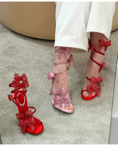 Luxury Rhinestones Mesh Bowknot Snake Coiled Women Gladiator Sandals Sexy Narrow band Thin High heels Summer Wedding Party Shoes