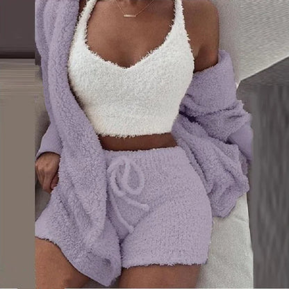 2026 New Women's Velvet Pajamas Set Sexy Crop Top+Shorts+Coat 3 Pieces Suit Sleepwear Casual Soft Clothes Homewear Pyjamas S-3XL