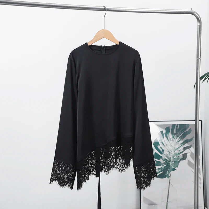 Tie Up Lace Women's Top Sexy O-neck Patchwork Irregular Full Sleeves Blouse Female 2026 Spring Fashion All Match Woman Shirts