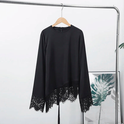 Tie Up Lace Women's Top Sexy O-neck Patchwork Irregular Full Sleeves Blouse Female 2026 Spring Fashion All Match Woman Shirts
