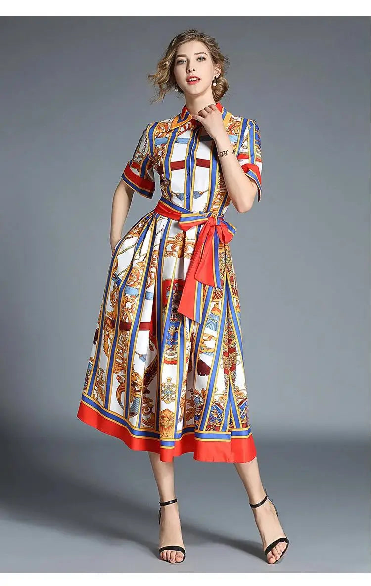 Women's Orange Striped Short Sleeves Vintage Belt Bow Tie Collar Shirt Dress Summer Runway Chain Printing Casual Midi Vestidos