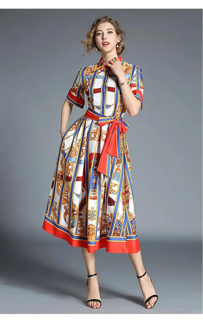 Women's Orange Striped Short Sleeves Vintage Belt Bow Tie Collar Shirt Dress Summer Runway Chain Printing Casual Midi Vestidos