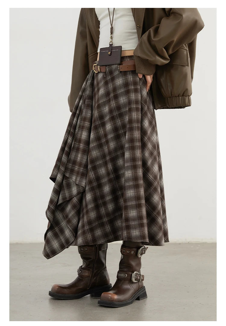 CHIC VEN Women Skirts A Line Retro Loose High Waist Irregular Color Plaid Frosted Half Body Long Ladies Skirt Autumn Winter 2026