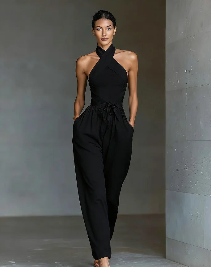 Chic High Waist Tie-up Wide Leg Pants Jumpsuit Women Sexy Criss Cross Halter Backless Zips Romper Summer Solid Office Overalls