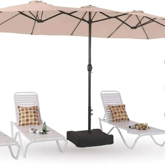 Large 15ft Rectangle Patio Umbrella with Stand, Outdoor Double-Sided Market Umbrella for Poolside and Backyard, Beige