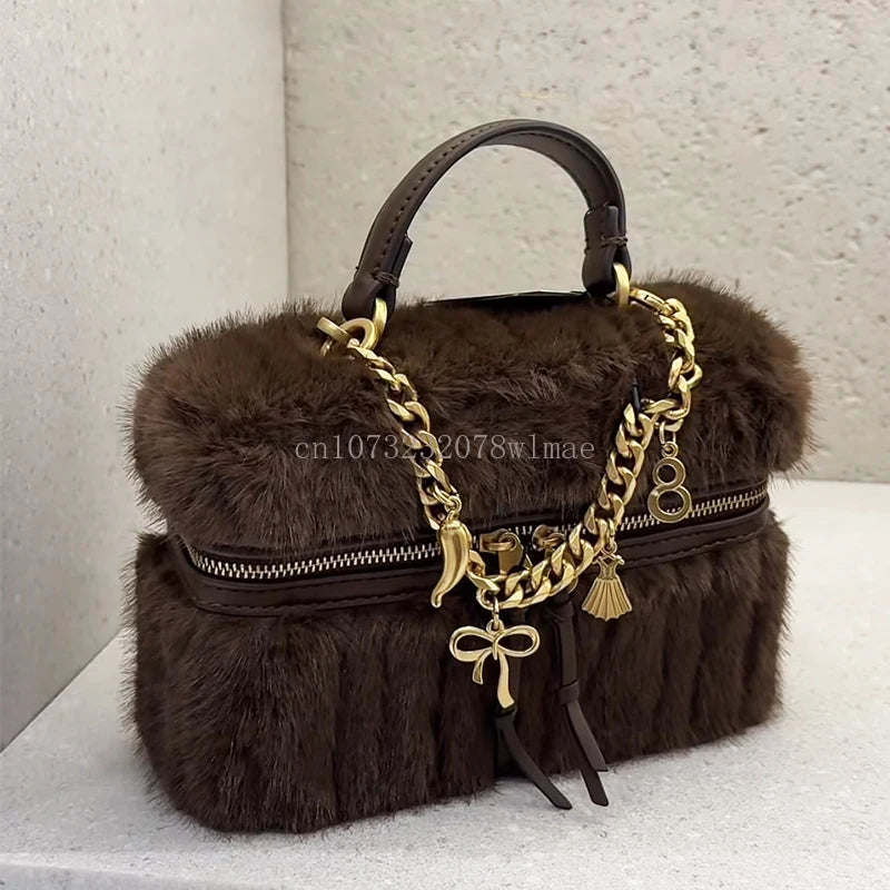 Faux Fur Mini Box Bags Luxury Designer Handbag for Women Trendy Ladies Fashion Casual Chain Elegant Shoulder Bags Crossbody Bag