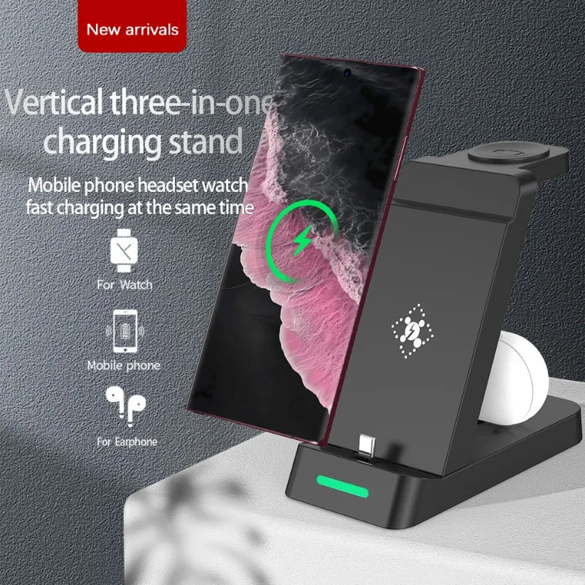 3 in 1 Wireless Charger Stand Fast Charging Station - for iPhone 17-12/X Apple Watch AirPods Samsung Galaxy S25/S23/S22 Charger