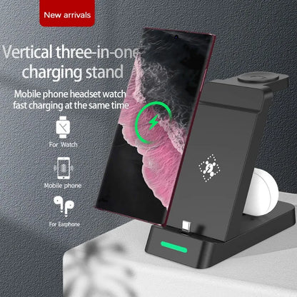 3 in 1 Wireless Charger Stand Fast Charging Station - for iPhone 17-12/X Apple Watch AirPods Samsung Galaxy S25/S23/S22 Charger