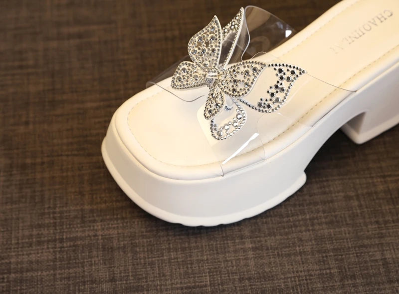 AUTUSPIN 9cm High Thick Heels Women Sandals Summer Sexy Fashion Slides Shoes Crystal Buttetfly PVC Transperant Ladies Shoes