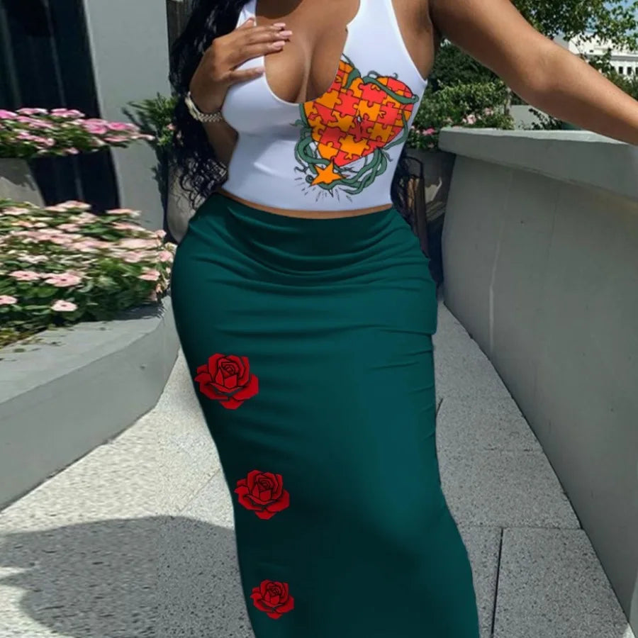 Summer Street Style Streetwear Tank Top And Long Skirt Set Women's Sleeveless Casual Outfit 50%-70% Spandex Comfortable Fit