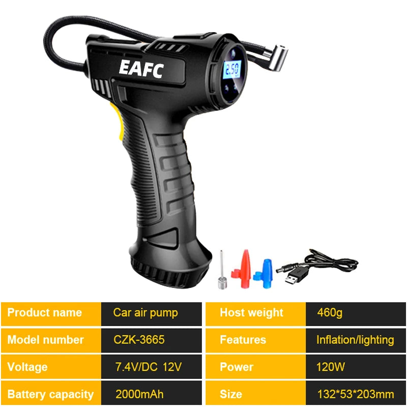 EAFC 120W Handheld Air Compressor Wireless/Wired Inflatable Pump Portable Air Pump Tire Inflator Digital for Car Bicycle Balls