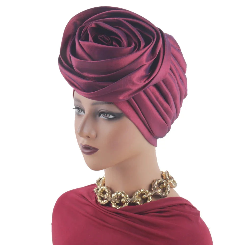 Raw Silk Big Rose Flower African Turban Caps for Women Headwear Head Wraps Nigerian Wedding Geles Party Headgear Bonnet