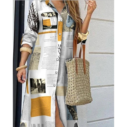 New Autumn Long Dress Long Sleeve Shirt Dress Women Denim Long Dresses Pocket Button Shirt Print Dress Casual Loose Dresses 2023