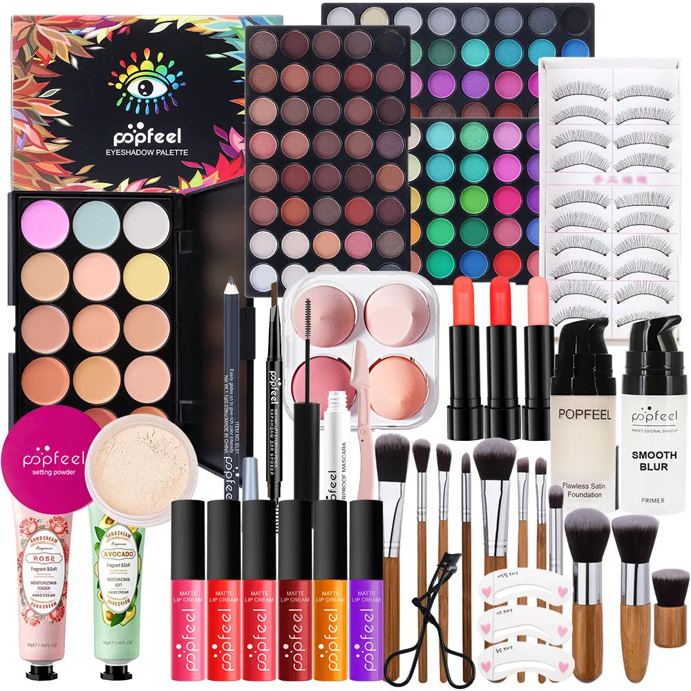 POPFEEL Complete All-in-One Makeup Kit with Brush - Full Face Beauty Set, Berry & Neutral Tones Foundation, Blush, Eyeshadow Pal