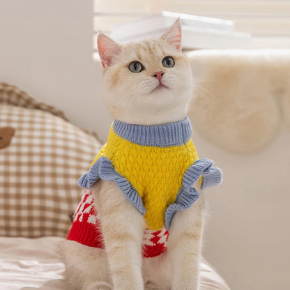 Diamond Grid Solid Cat Sweaters Warm Wool Knitting Winter Sphinx Small Dogs Clothing Ruffle Sleeve Female Girl Puppy Overalls