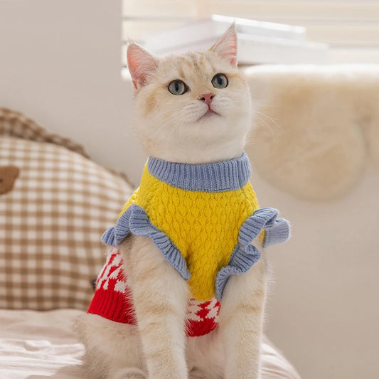 Diamond Grid Solid Cat Sweaters Warm Wool Knitting Winter Sphinx Small Dogs Clothing Ruffle Sleeve Female Girl Puppy Overalls