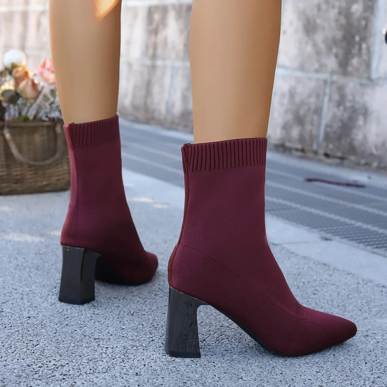 Women Fashion Ankle Boots Autumn Pointy Solid Color Stretch Knitted Sock Boots Women Chunky Slip on Plus-size Shoes for Women