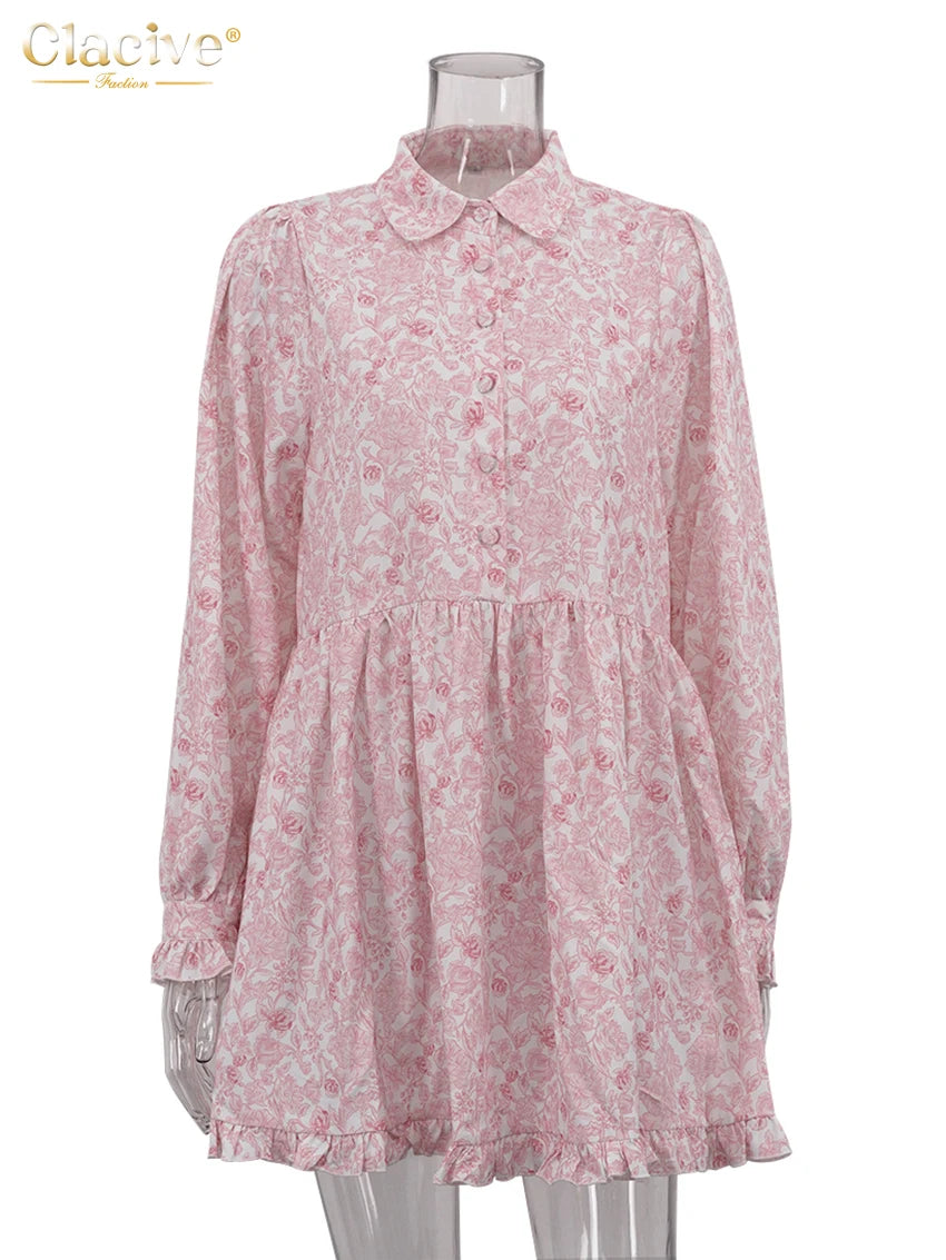 Clacive Fashion Loose Print Women's Dress 2024 Casual Lapel Long Sleeve Mini Dresses Elegant Classic Pleated Female Dress