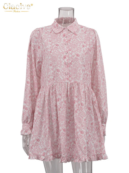 Clacive Fashion Loose Print Women's Dress 2024 Casual Lapel Long Sleeve Mini Dresses Elegant Classic Pleated Female Dress