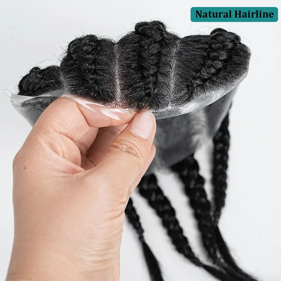 Cornrow Box Braided Men Toupee Human Hair Skin Full PU Hairpiece Breathable Replacement Hair System Prosthesis For Men Patch Wig