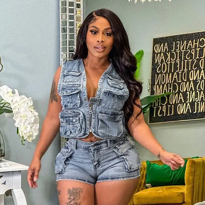 Multi Pockets Jeans Shorts Outfit Set Sexy Women Elegant Two Pieces Denim Club Matching Set Top+Shorts