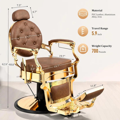 Retro Barber Chair Aluminum Frame Adjustable Headrest Footrest Hydraulic Reclining Salon Spa Shampoo, Customized