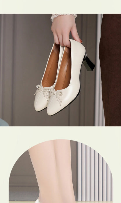 Womens Elegant Bow Decor Block Heel Pumps Smooth Faux Leather Upper Pointed Toe Design Comfort Cushioned Insole NonSlip Outsole