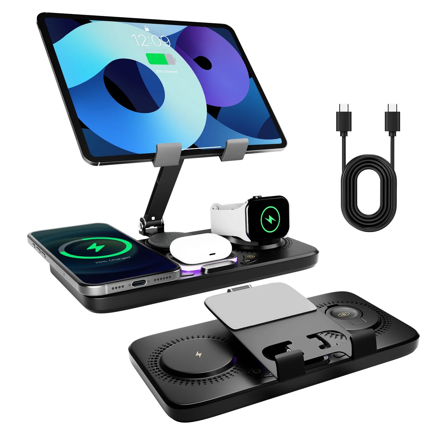 7-in-1 Wireless Charger Station 15W Foldable Fast Charging Alarm Clock Night Light for iPhone 17 16 15 14 Apple Watch AirPods