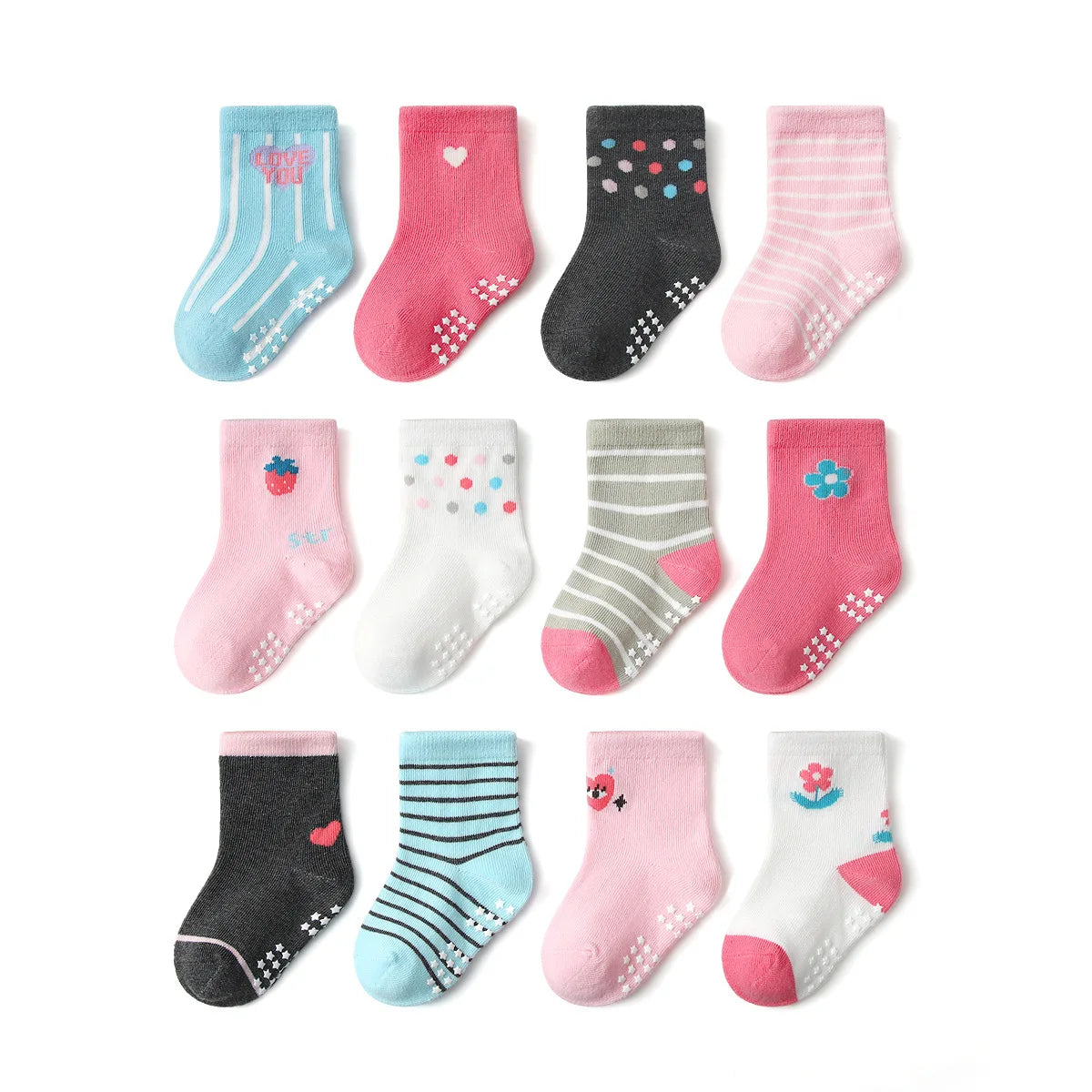 1/3/6/9/12 Pairs Kids Socks Sets for Baby Girls Cotton Non-slip Cute Cartoon Patterned Breathable Baby Trampoline Floor Socks