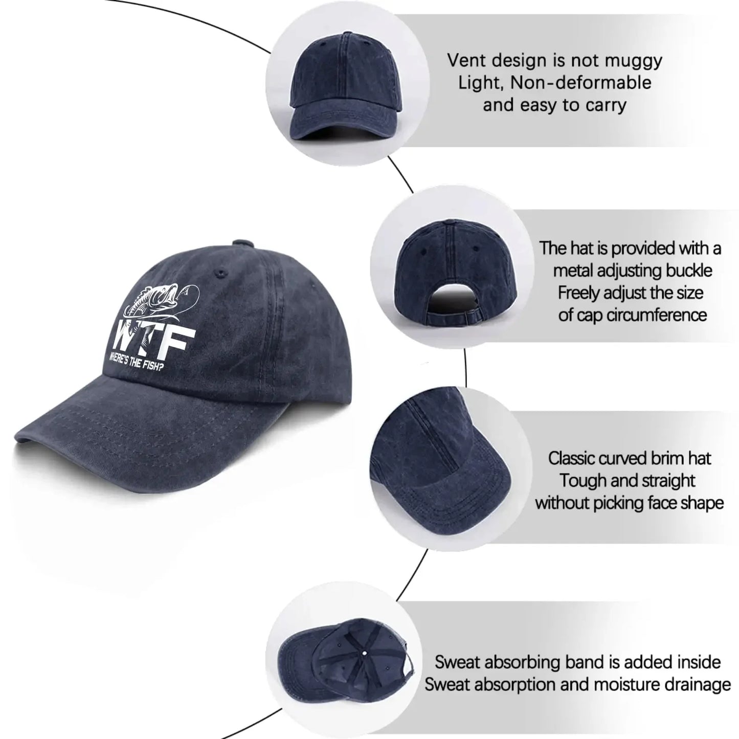 WTF Where's The Fish Hats for Man Fishing Here Fishy Fishy Hats for Men Baseball Funny Trucker Men Black Gym Caps Navy Blue