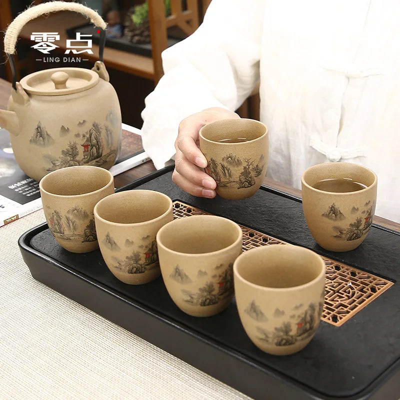 Retro Japanese coarse pottery beam pot business gift ceramic kung fu tea set large teacup