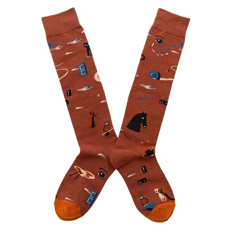 Socks Women's High Tube Calf Knee-length Socks Retro Illustration Art Abstract Street Autumn and Winter Cotton Socks High Sock