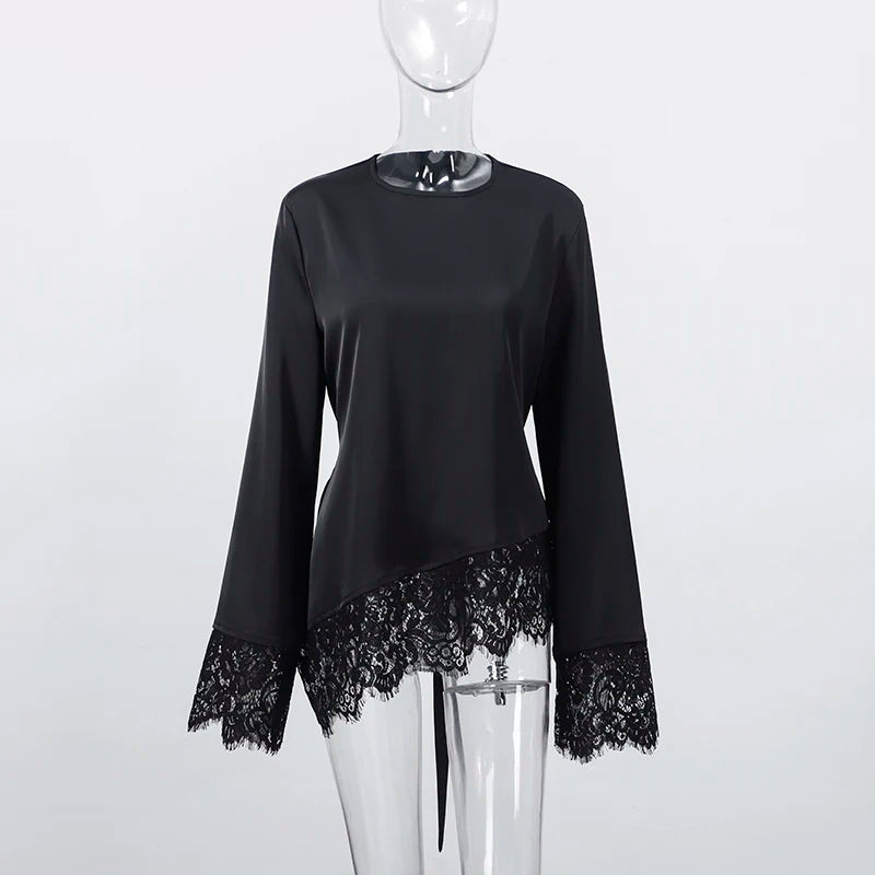 Tie Up Lace Women's Top Sexy O-neck Patchwork Irregular Full Sleeves Blouse Female 2026 Spring Fashion All Match Woman Shirts