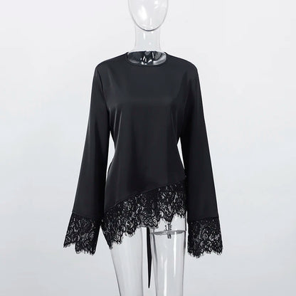 Tie Up Lace Women's Top Sexy O-neck Patchwork Irregular Full Sleeves Blouse Female 2026 Spring Fashion All Match Woman Shirts