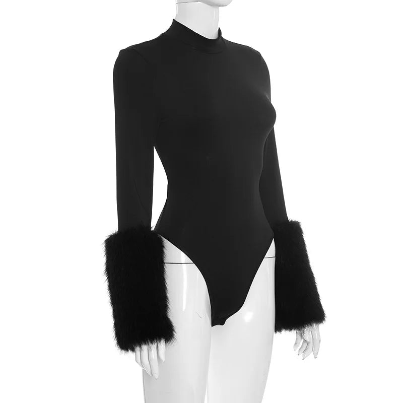 FAGADOER Winter New Sexy Fur Patchwork 2 Pieces Set for Woman Outfits Long Sleeves Bodycon Playsuits + Shorts Female Streetwear
