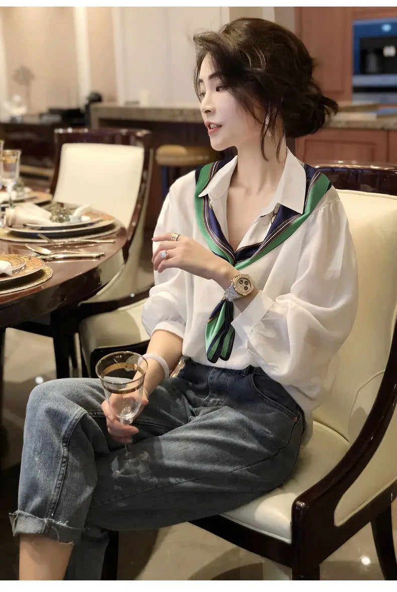 White Long Sleeve Polo Neck Office Shirt Tops Spring New Simplicity Solid Loose Temperament Blouse Fashion Elegant Women Clothes