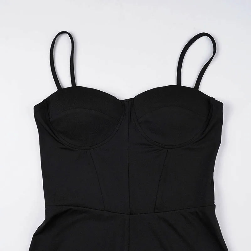 SUCHCUTE Sexy Padded Cup Slim Waist Jumpsuit Women Elegant Sleeveless Spaghetti Strap Rompers Streetwear Flare Pants One Piece