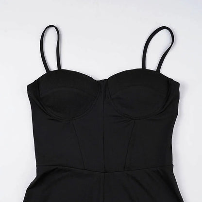 SUCHCUTE Sexy Padded Cup Slim Waist Jumpsuit Women Elegant Sleeveless Spaghetti Strap Rompers Streetwear Flare Pants One Piece