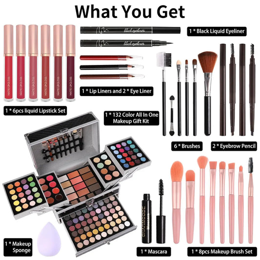 Complete Makeup Kit for Women & Girls: Eyeshadow, Lip Gloss, Concealer, Blush, Brushes & More in Black Set