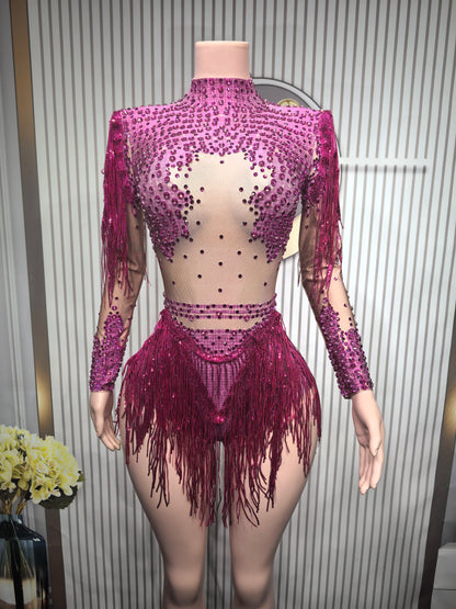 Sexy Skinny Leotard Singer Dancer Show StageWear Sparkly Blue Rhinestones Women DanceCostume Fringes One Shoulder Bodysuit  7G