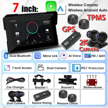 Jansite 7 inch 2K Motorcycle Upgrade Module DVR Navigation GPS Wireless CarPlay Waterproof IPX7 TPMS Portable Smart Display Cam