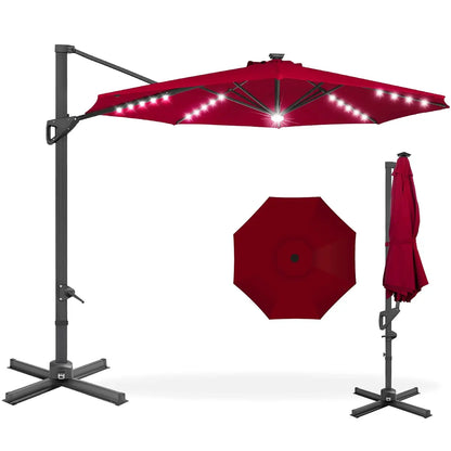 10ft Solar LED Cantilever Patio Umbrella, 360-Degree Rotation Hanging Offset Market Outdoor Sun Shade for Backyard,, Customized