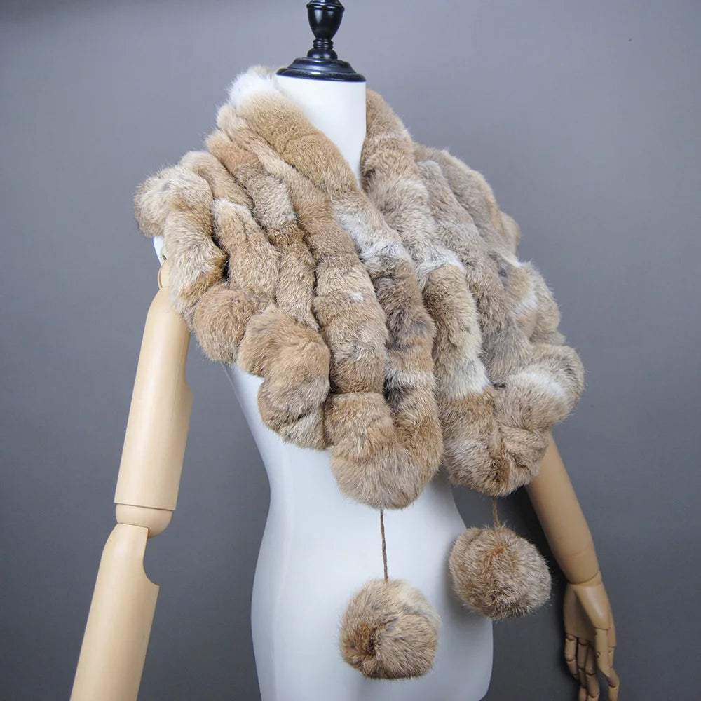 New Lady Winter Real Rabbit Fur Scarf Natural Warm Soft Rabbit Fur Shawl Women Fashion Outdoor Knit 100% Real Rabbit Fur Scarves