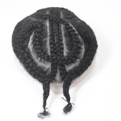 Glueless European Virgin Hair Toupee #1B Black - 8x10 Full Lace System w/Afro Corn Braids for Men